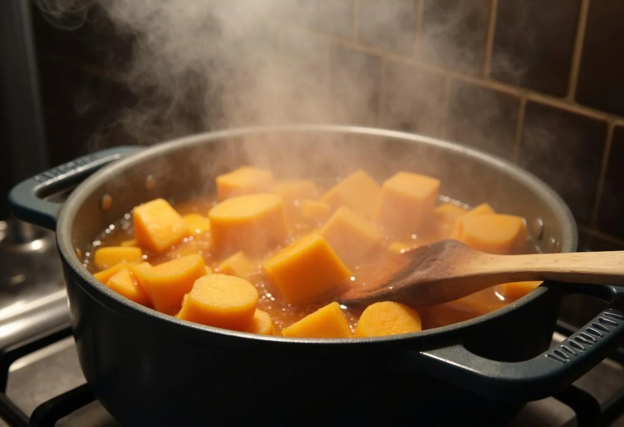 Cozinhando batatas doces para a preparação de puré de batata doce.