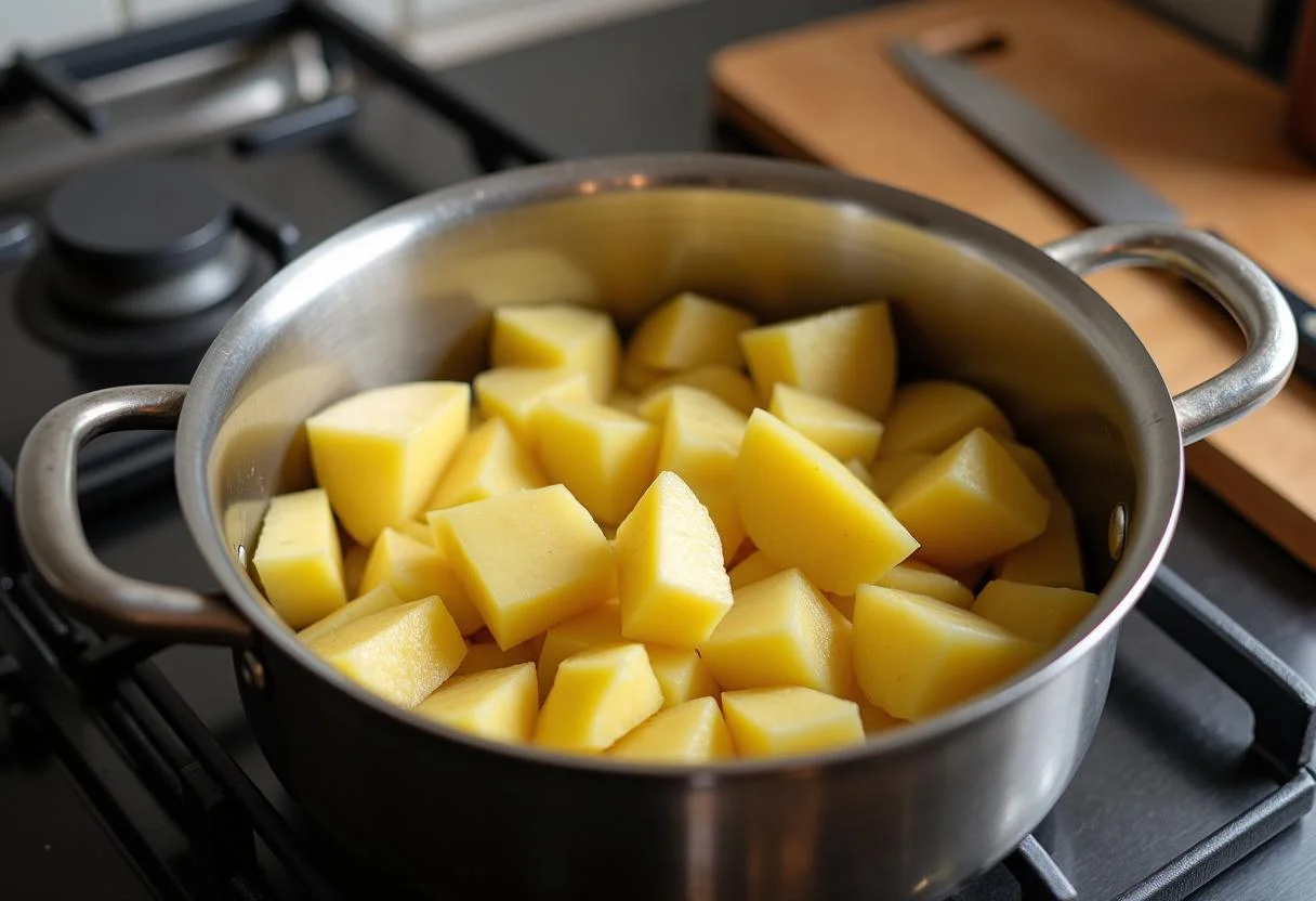 Batatas descascadas e picadas em uma panela para a preparação da receita pure de batata.