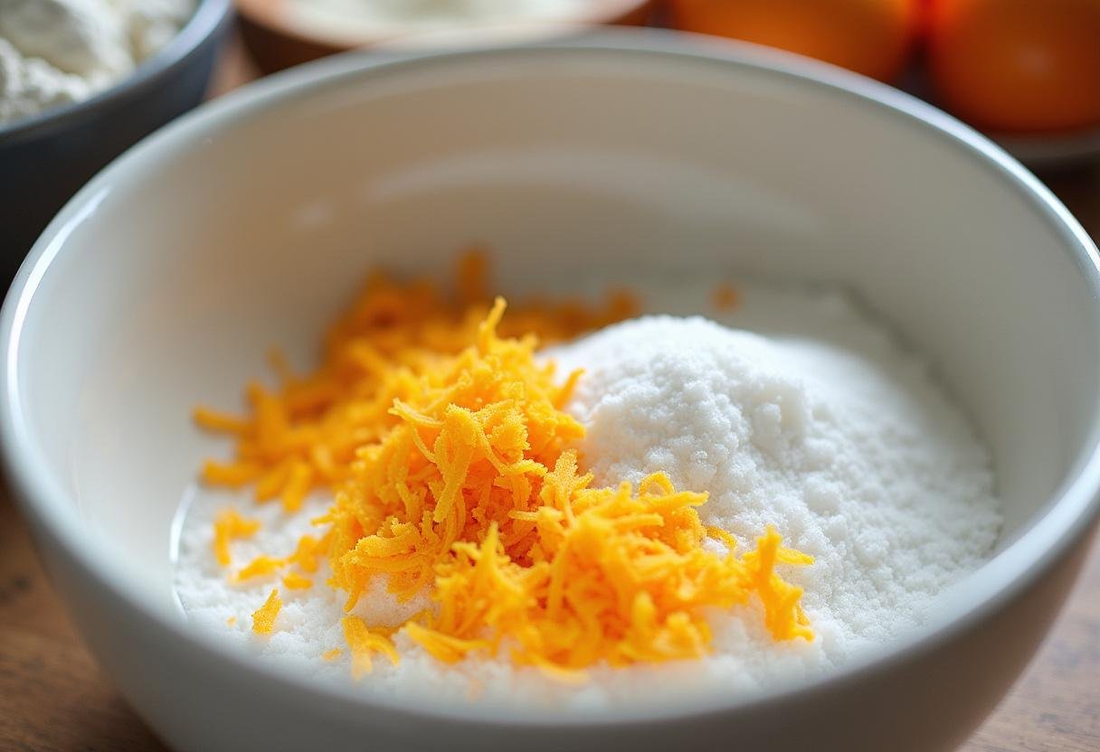 Preparação de queijadas de laranja com raspa de laranja ralada e açĂșcar.