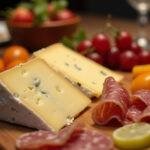 Elegant cheese platter with Queijo Castelões Curado, cured meats, and fruits, ideal for celebrations.