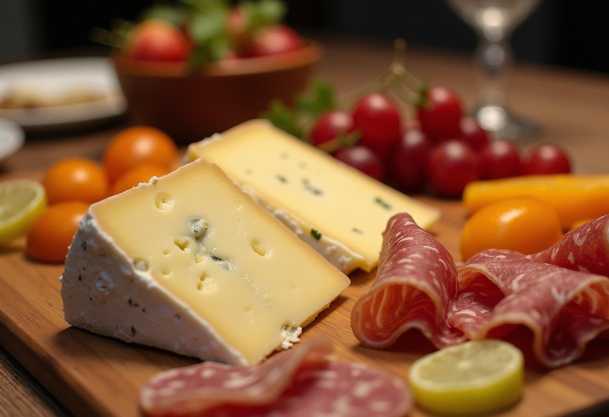 Elegant cheese platter with Queijo Castelões Curado, cured meats, and fruits, ideal for celebrations.