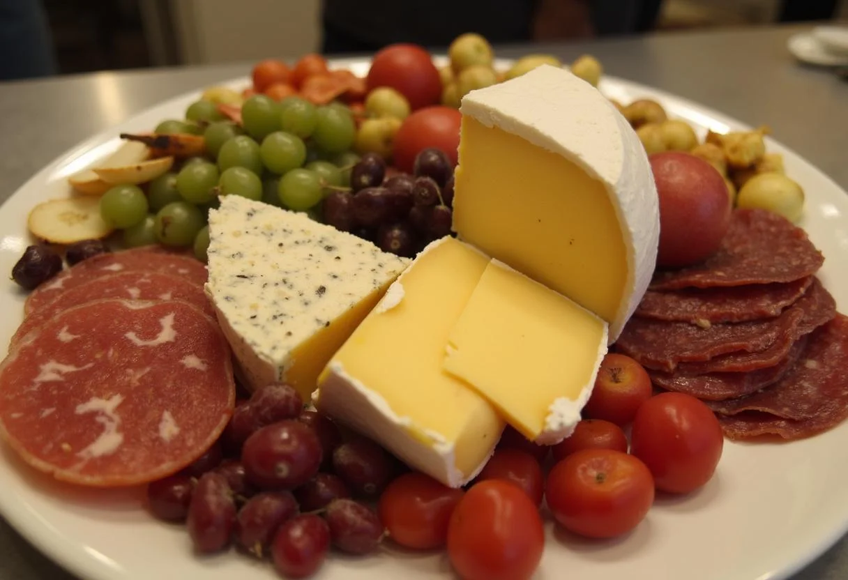 Elegant cheese platter with Queijo Castelões Curado, cured meats, and fruits, ideal for celebrations.