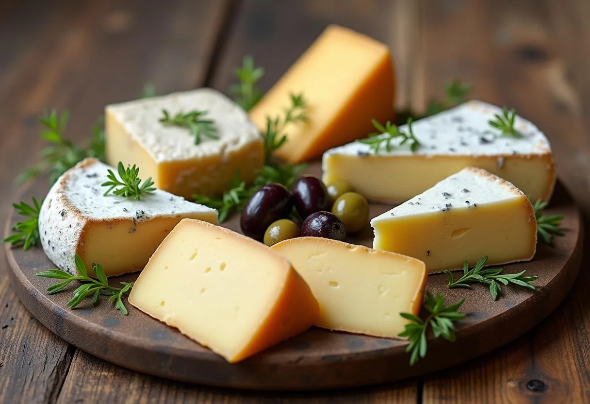 Queijo Castelões Curado presented on a platter with herbs and olives, showcasing traditional cheese.