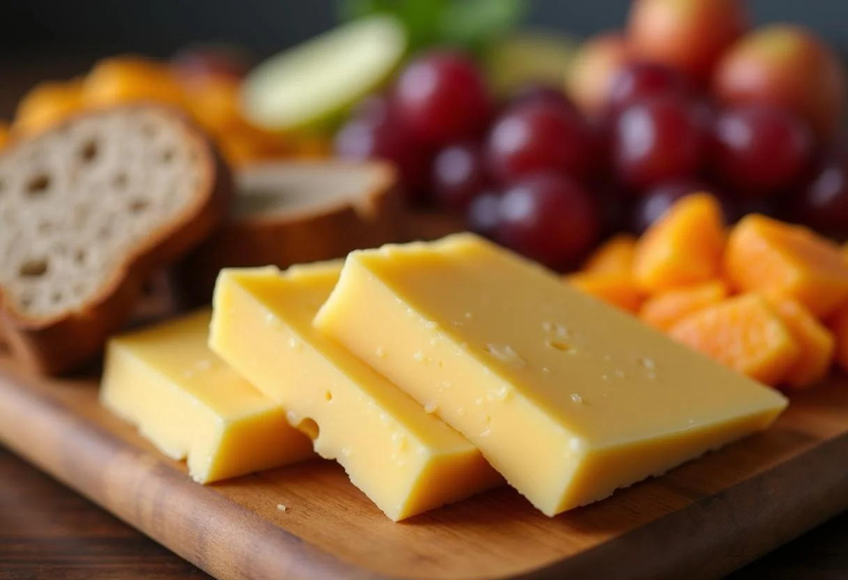 Sliced Queijo Castelões Curado displayed on a cheese board with breads and fruits, perfect for pairing.