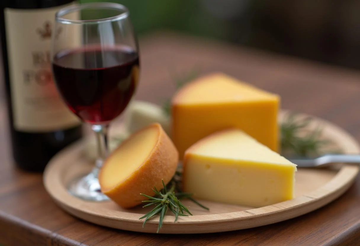 Glass of red wine paired with Queijo Castelões Curado, highlighting its gourmet dining appeal.