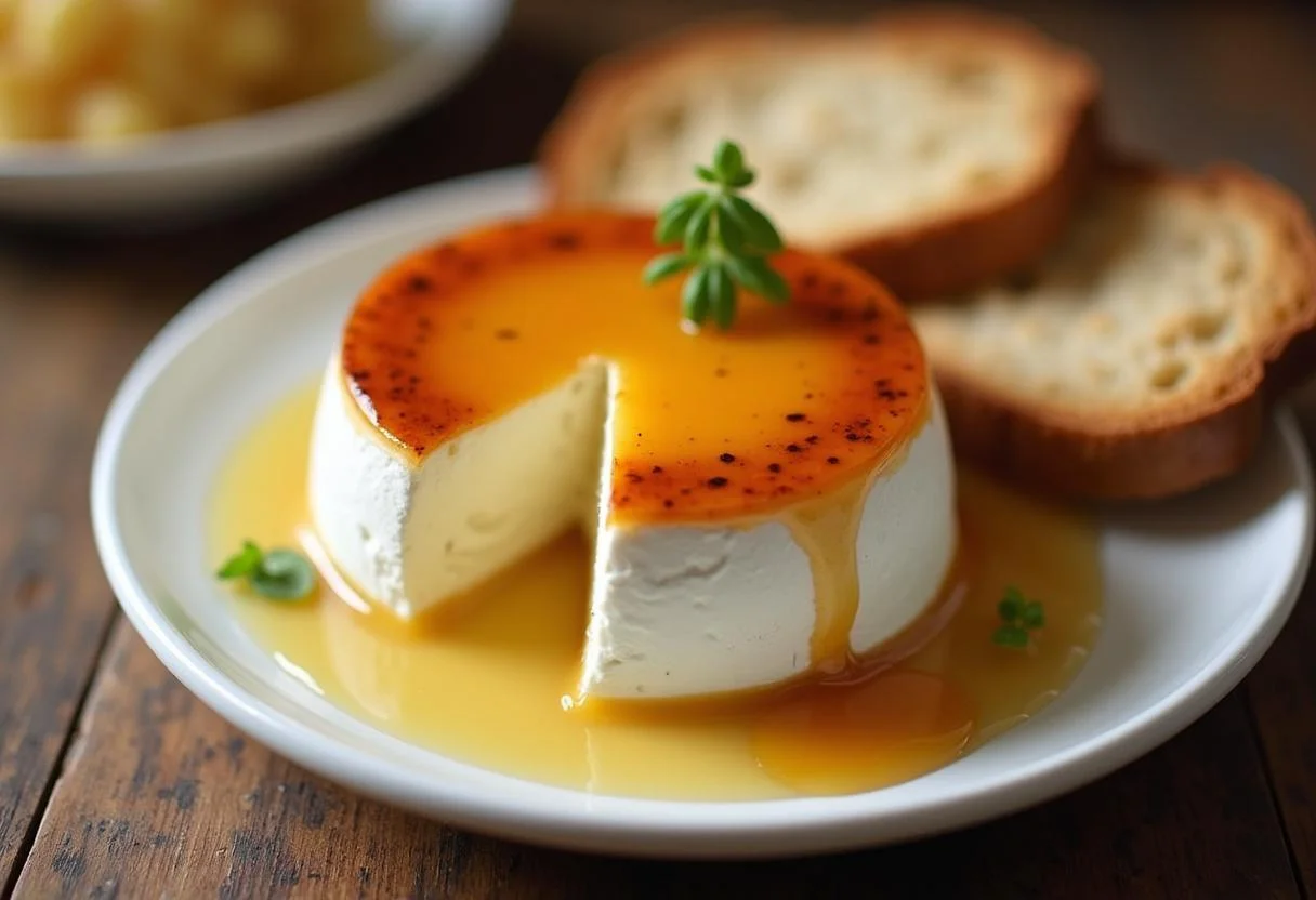 Queijo chèvre finalizado com mel, perfeito para encontros e para impressionar convidados.