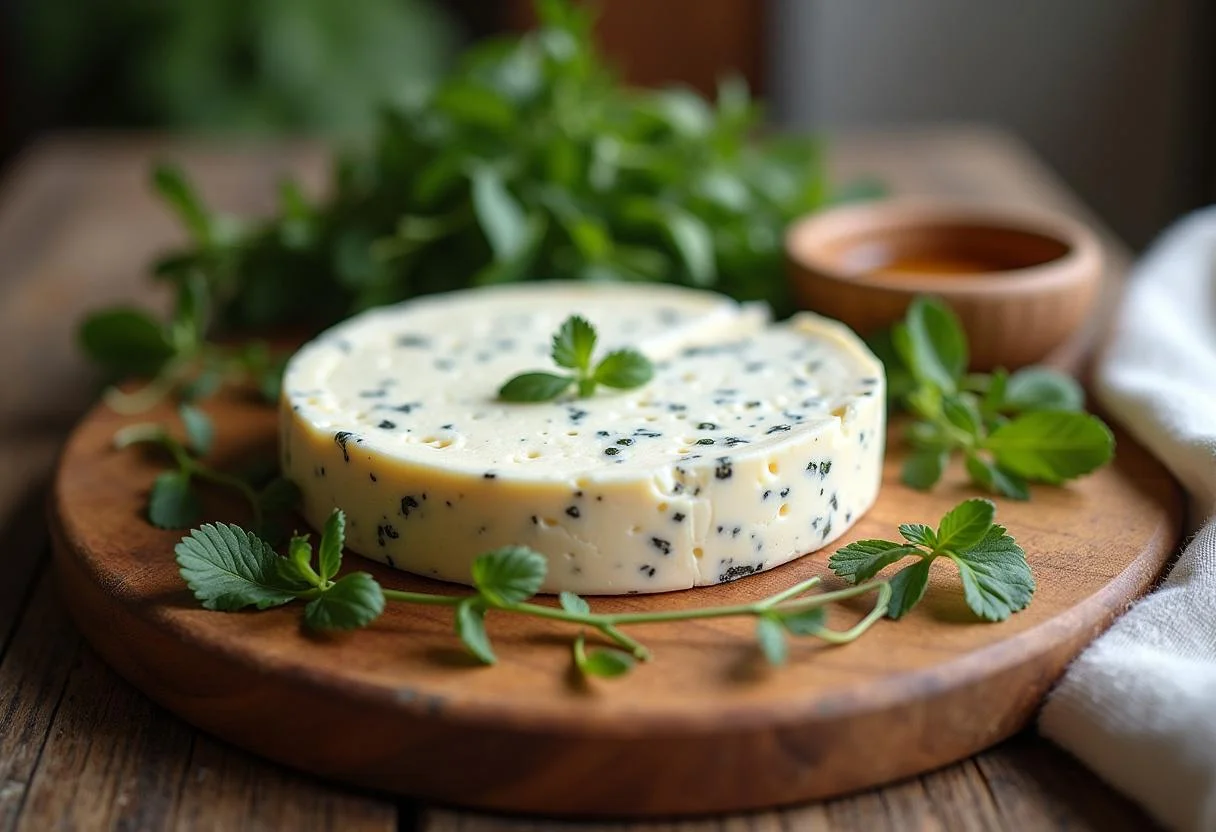 Queijo chèvre em uma tábua de madeira com ervas frescas e mel para um aperitivo delicioso.