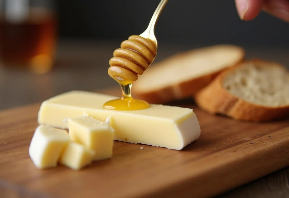 Mel sendo regado sobre queijo chèvre para um prato doce e saboroso.