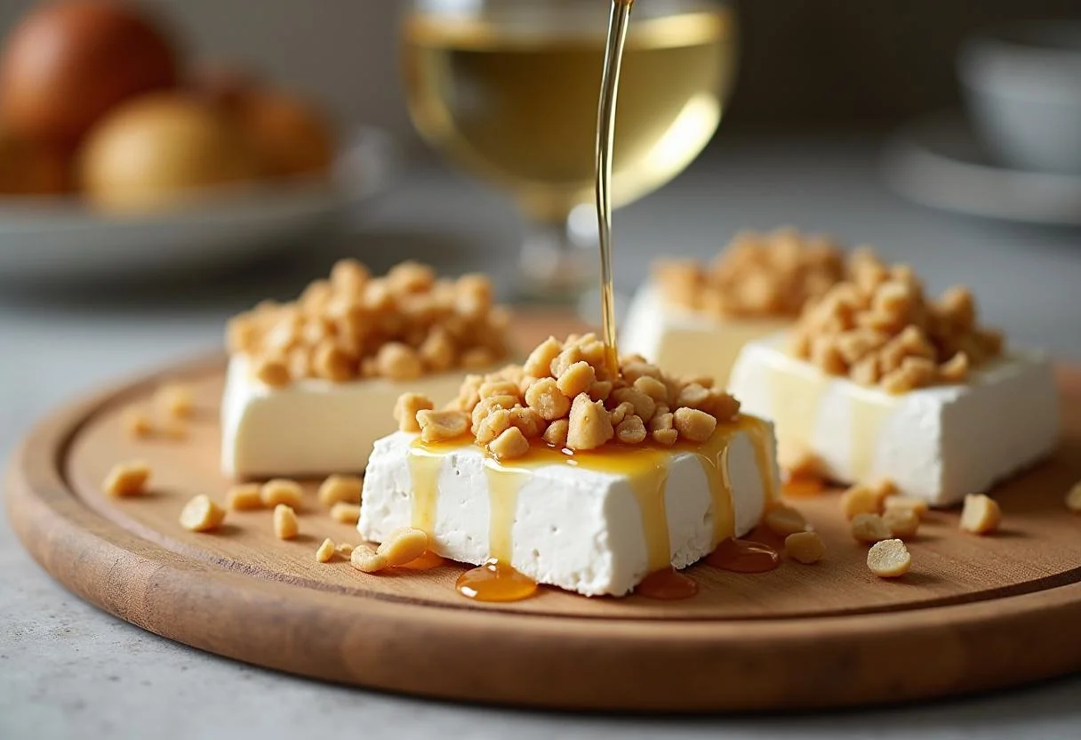 Nozes picadas sendo adicionadas ao queijo chèvre com mel para sabor e textura extras.