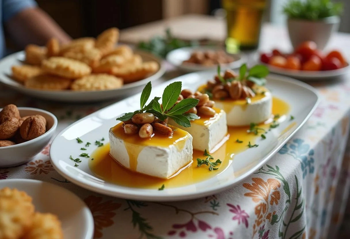 Travessa de queijo chèvre com mel e nozes, lindamente decorada para servir.
