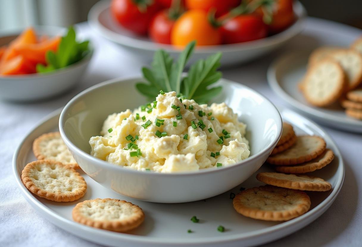 Table setting with light queijo cottage dish, ideal for healthy eating.
