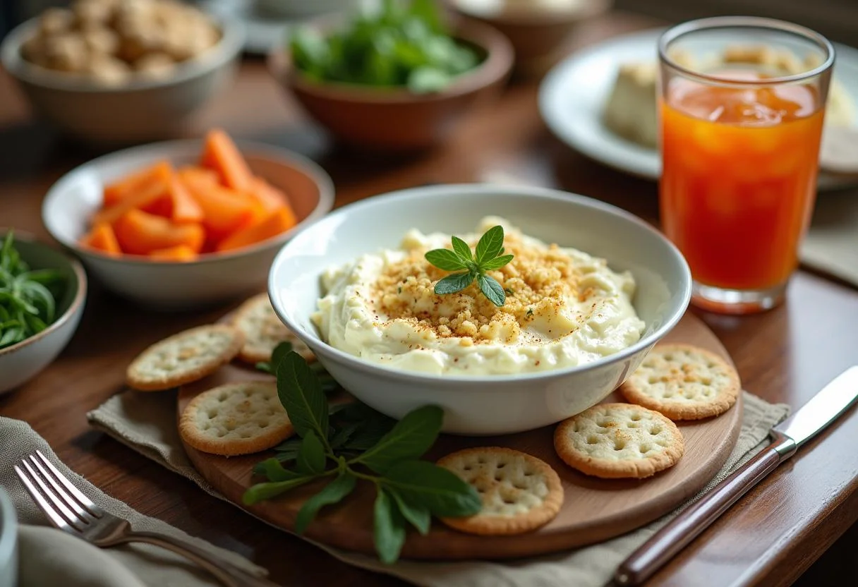 Mesa posta com prato de queijo cottage light, ideal para uma alimentação saudável.