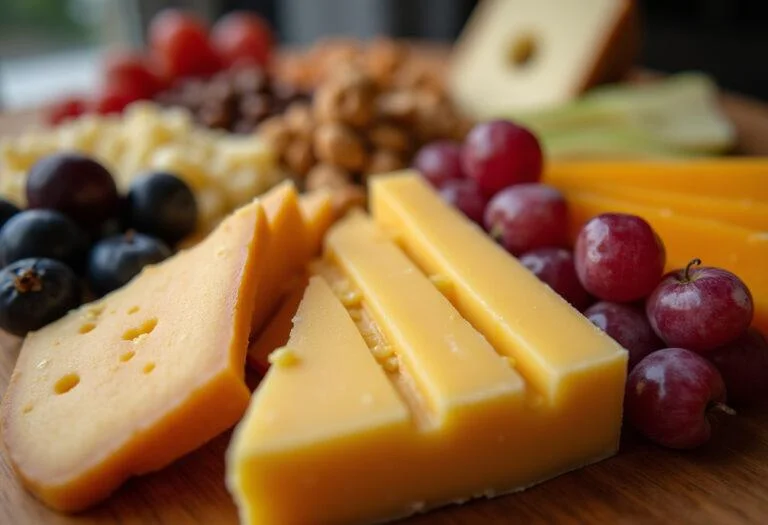 Tábua de queijos com queijo Edam, frutas e nozes, ideal para servir em uma celebração.