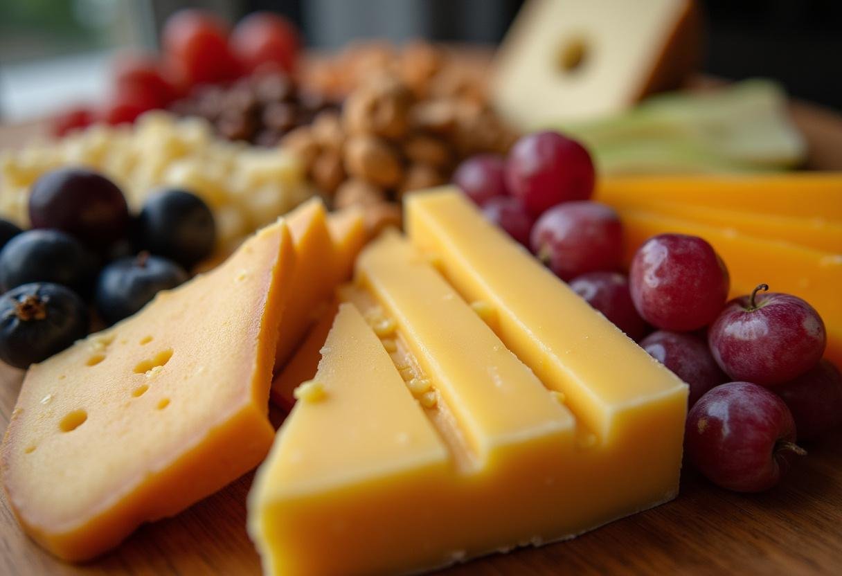 Tábua de queijos com queijo Edam, frutas e nozes, ideal para servir em uma celebração.