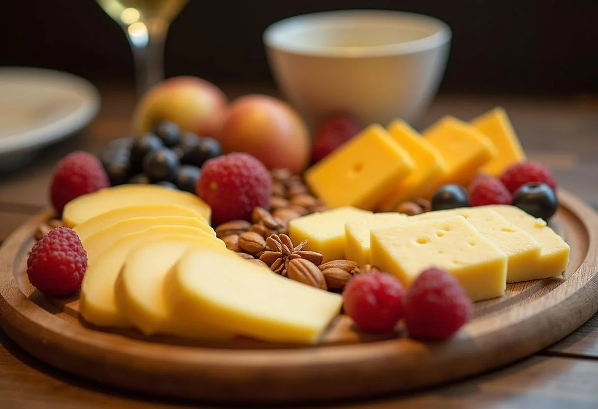 Tábua de queijos com queijo Edam, frutas e nozes, ideal para servir em uma celebração.