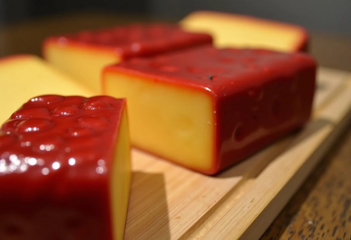 Queijo Edam tradicional em uma tábua de queijos, exibindo a camada de cera vermelha característica.