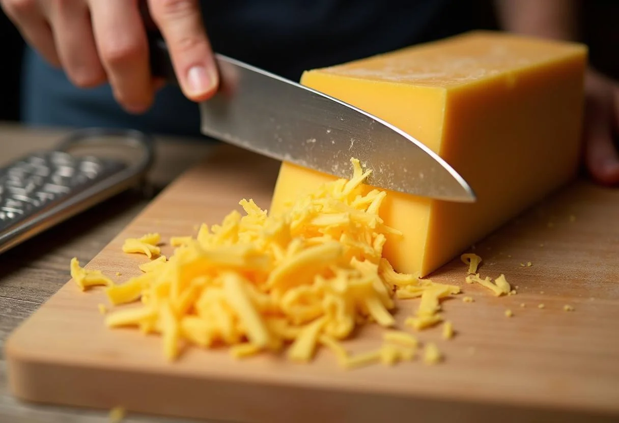 Fatiando queijo Edam com uma faca, mostrando a textura do queijo e as lascas caindo.