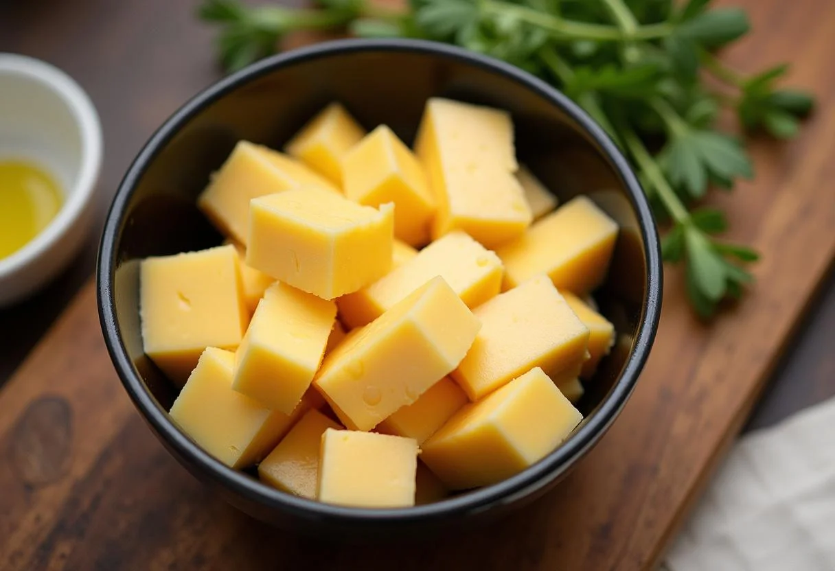 Preparação de queijo Edam fatiado em uma tigela, acompanhado de azeite e ervas frescas.