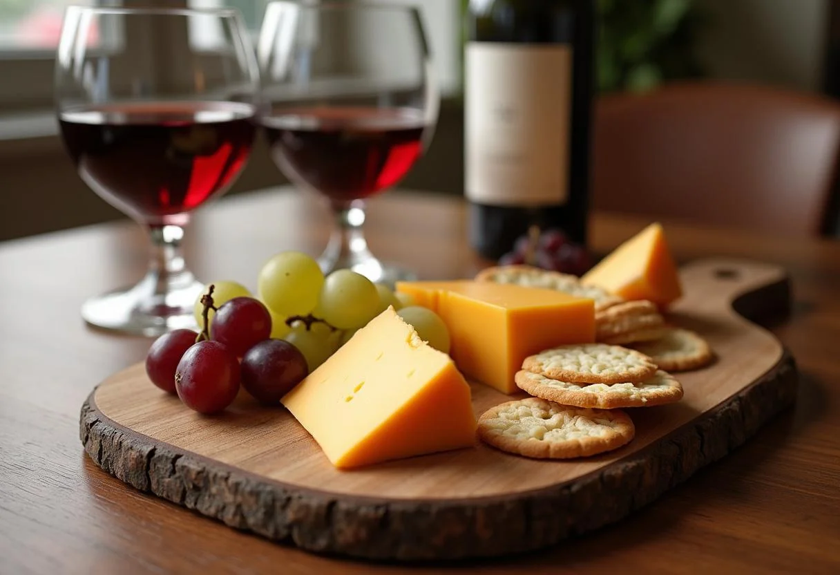 Prato decorado de queijo Edam com biscoitos e vinho tinto, perfeito para uma degustação.