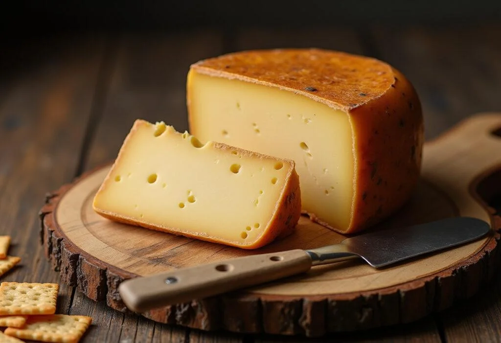 Queijo limiano curado apresentado de forma rústica, ideal para degustação e apreciação.