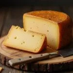 Queijo limiano curado apresentado de forma rústica, ideal para degustação e apreciação.