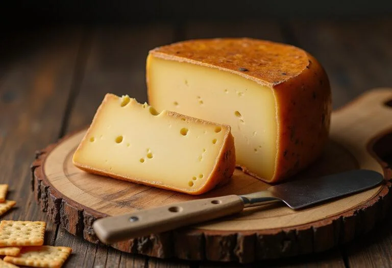 Queijo limiano curado apresentado de forma rústica, ideal para degustação e apreciação.