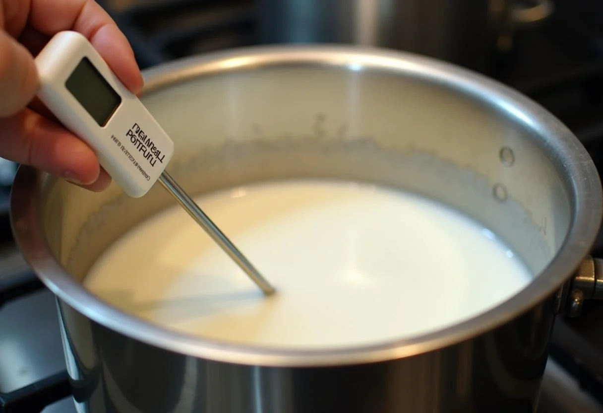 Uma panela com leite sendo aquecido para fazer queijo ricota simples.