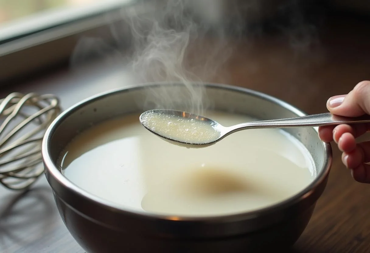 Vinagre sendo misturado ao leite quente para a preparação do queijo ricota.