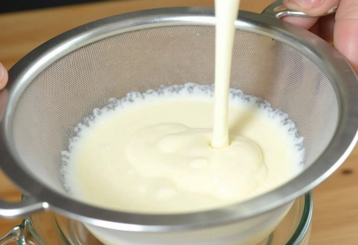 Coalhada sendo coada para o queijo ricota simples.