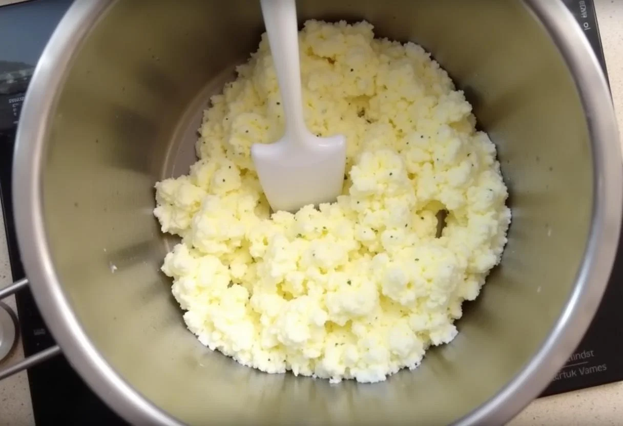 Queijo ricota sendo temperado com sal e ervas em uma tigela.