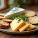 Sliced queijo sem lactose served on a cheese platter with garnishes, ideal for lactose-free snacking.