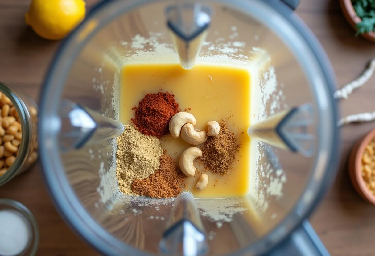 Blending the ingredients for lactose-free cheese, or queijo sem lactose, in a blender.