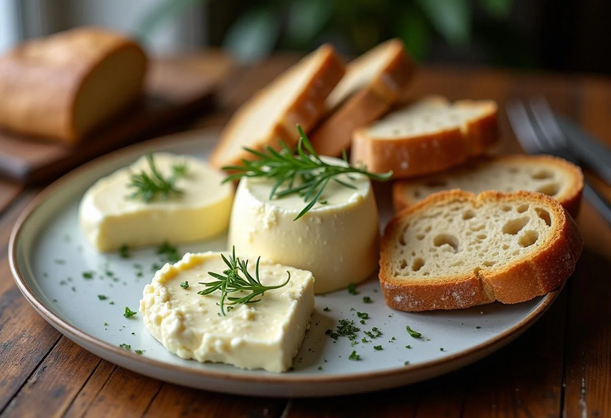 Queijo da Ilha deliciosamente servido com ervas frescas e pão estaladiço, ideal para um banquete tradicional açoriano.