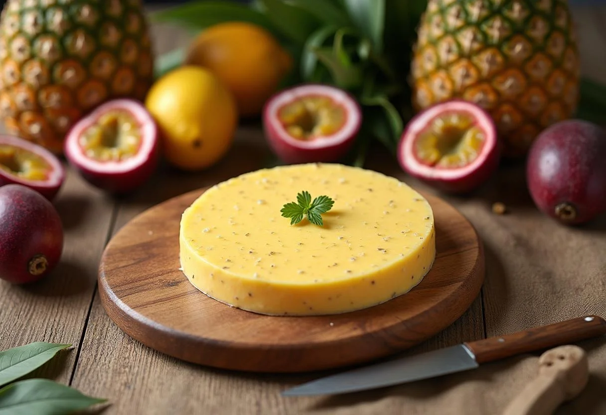 Queijo da Ilha numa tábua de corte, mostrando o delicioso queijo dos Açores.