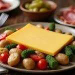 Prato de queijo para raclette servido com vegetais, batatas e embutidos, ideal para uma refeição compartilhada.