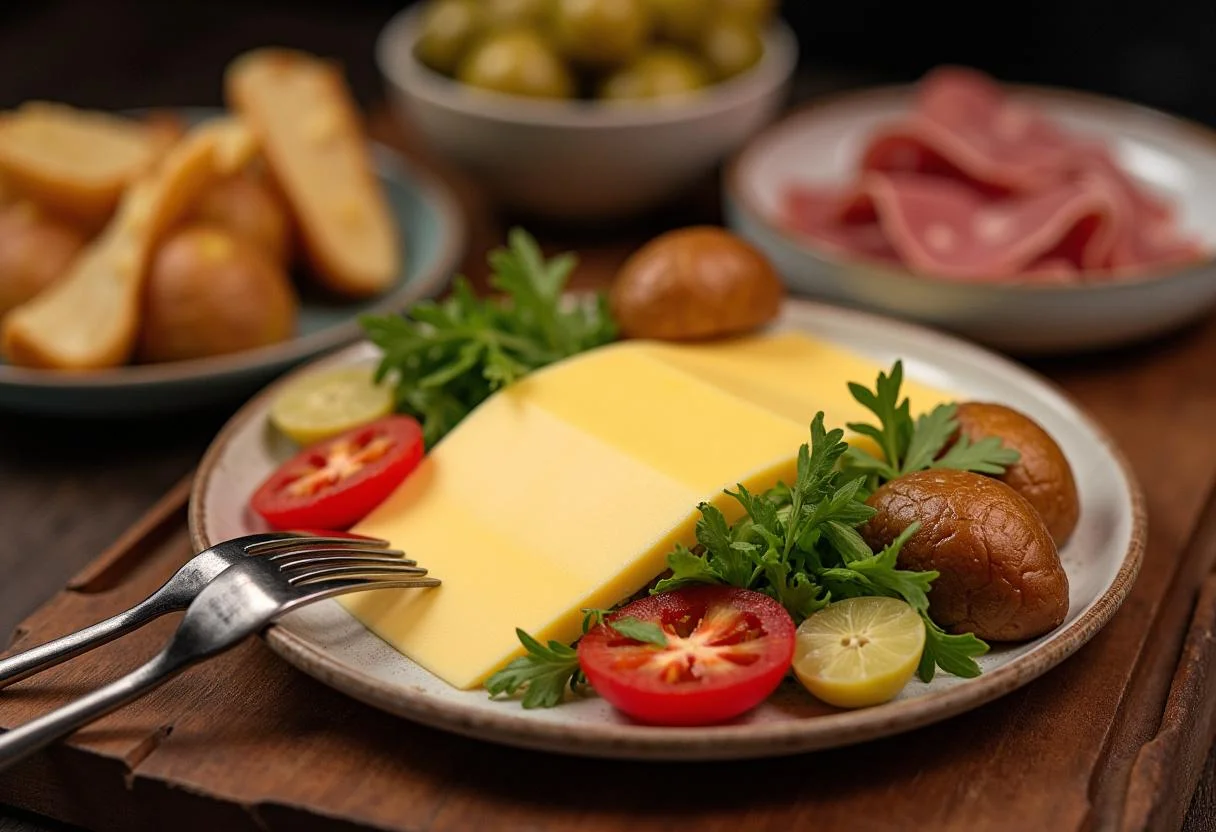 Prato de queijo para raclette servido com vegetais, batatas e embutidos, ideal para uma refeição compartilhada.