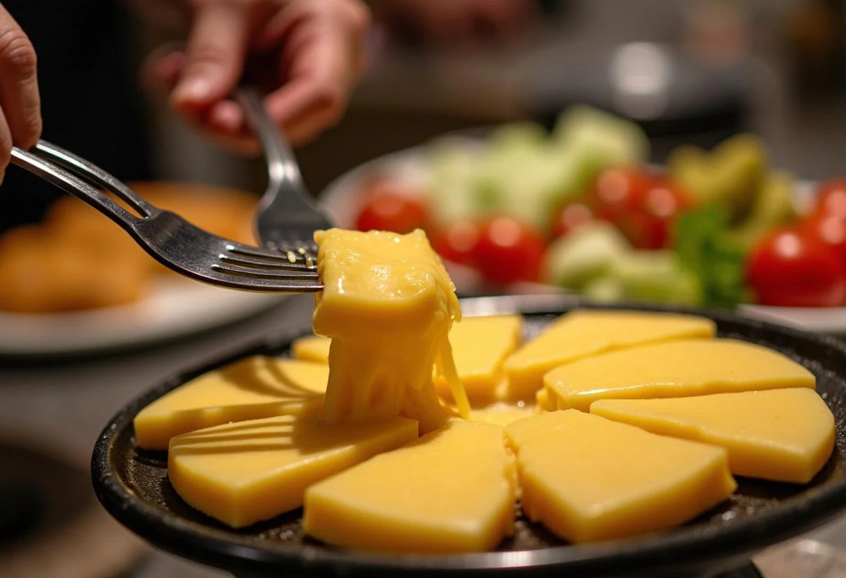 Fatias de queijo para raclette sendo retiradas do grill com legumes frescos ao lado.