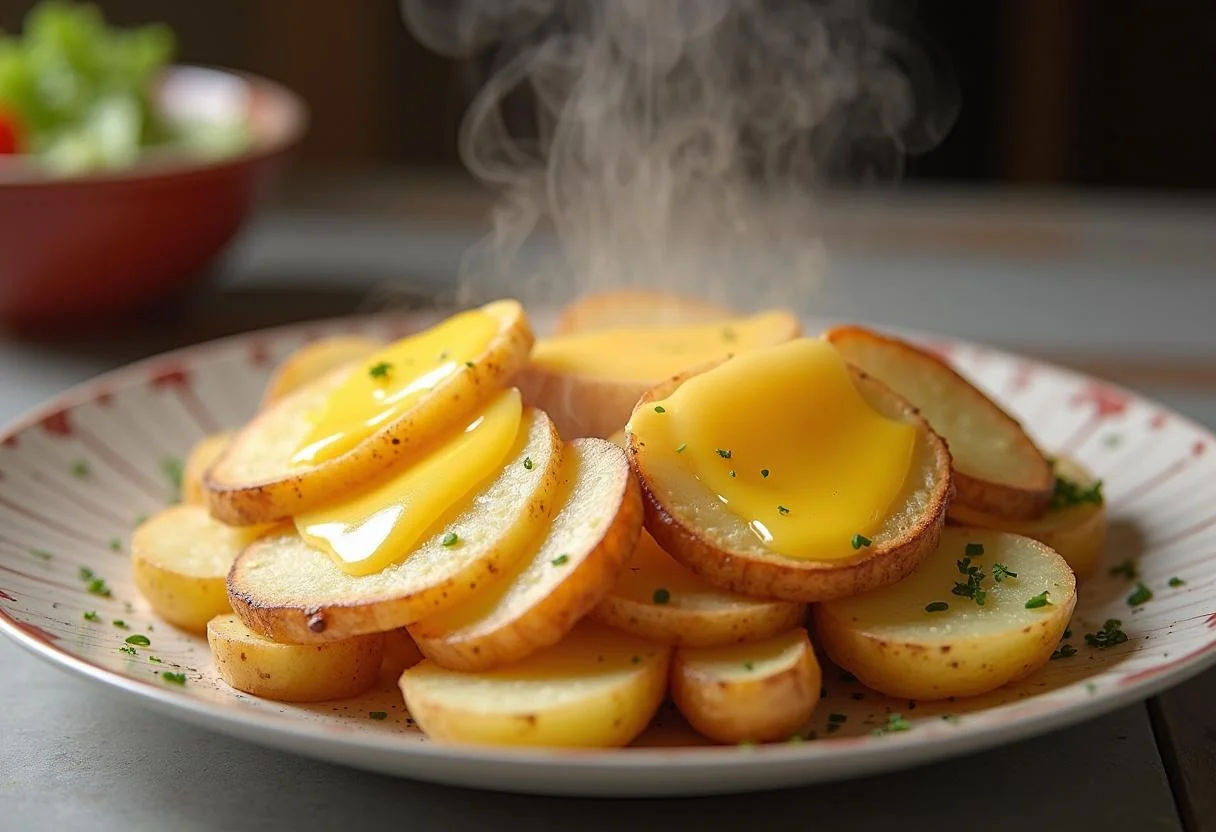 Batatas cozidas cobertas com queijo para raclette derretido, prato perfeito para um jantar.