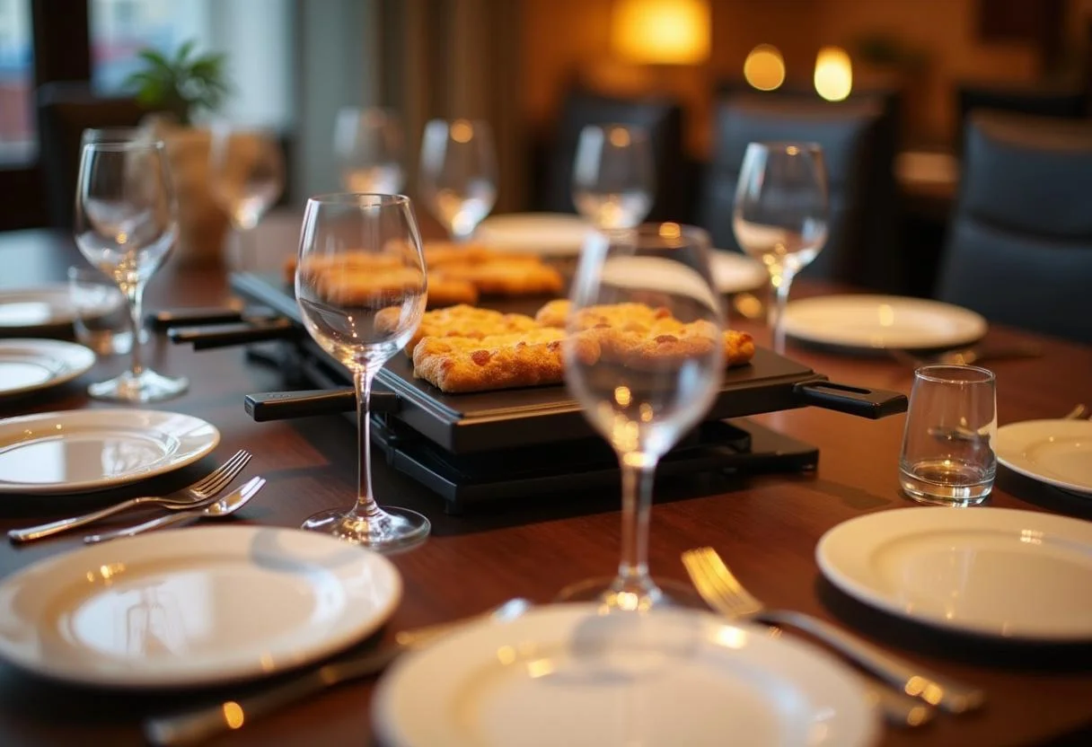 Mesa bem arrumada para um jantar de queijo para raclette, convidativa e acolhedora.