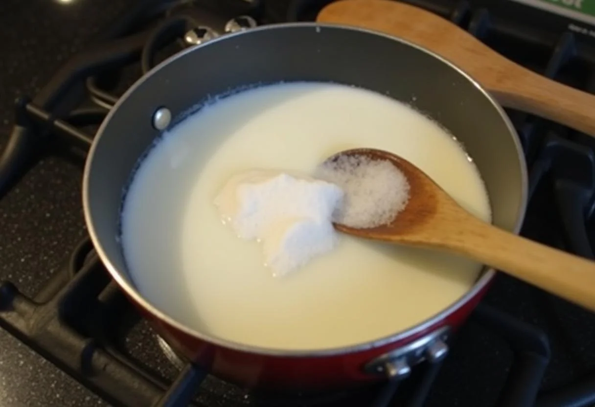 Queimador leite creme preparo começa com leite e açĂșcar aquecendo em uma panela.