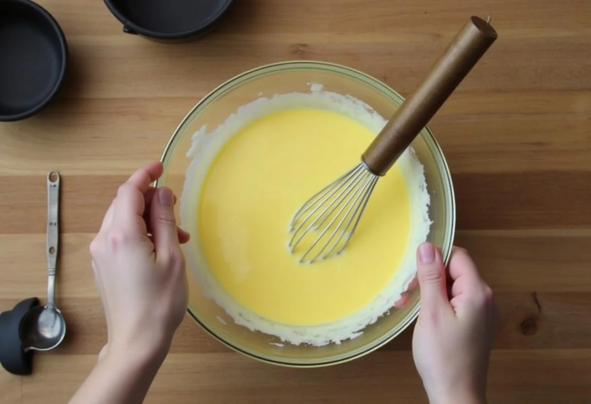 Misturando amido de milho e gemas para preparo da receita de queimador leite creme.