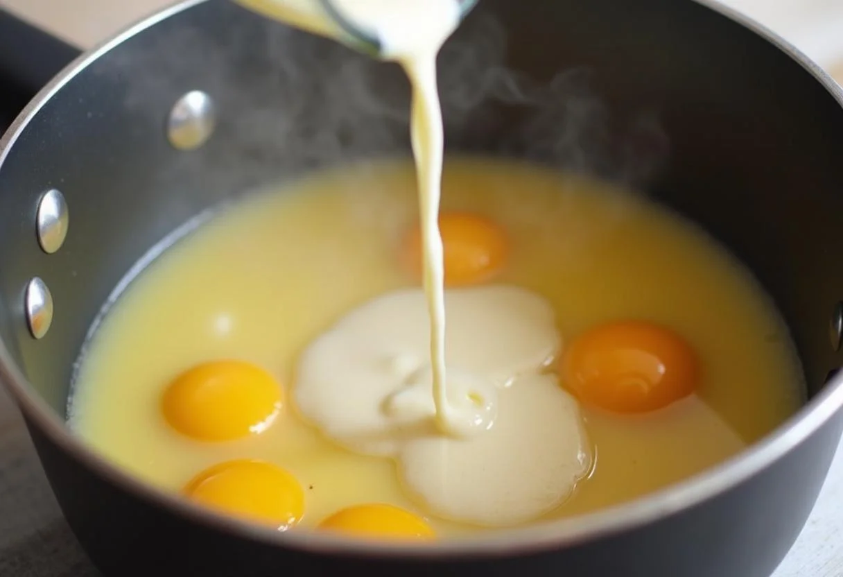 Despejando mistura de leite quente na mistura de amido de milho e gemas para queimador leite creme.