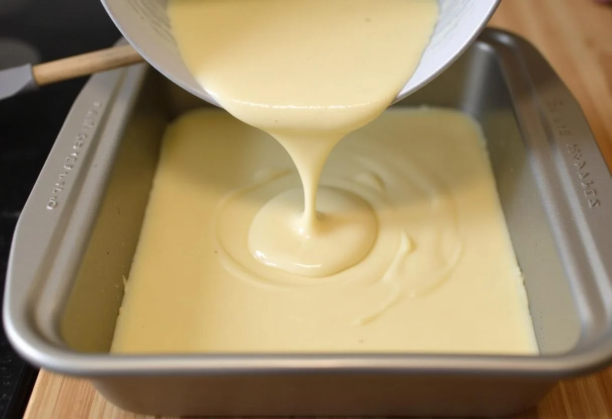 Despejando mistura de creme em uma assadeira para finalização do queimador leite creme.