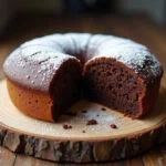 Delicious queque de chocolate served on a wooden table, showcasing its rich texture.