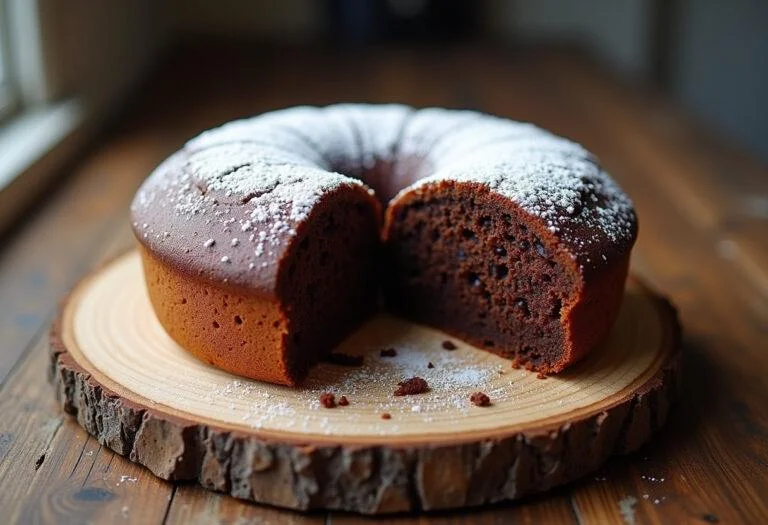 Delicious queque de chocolate served on a wooden table, showcasing its rich texture.