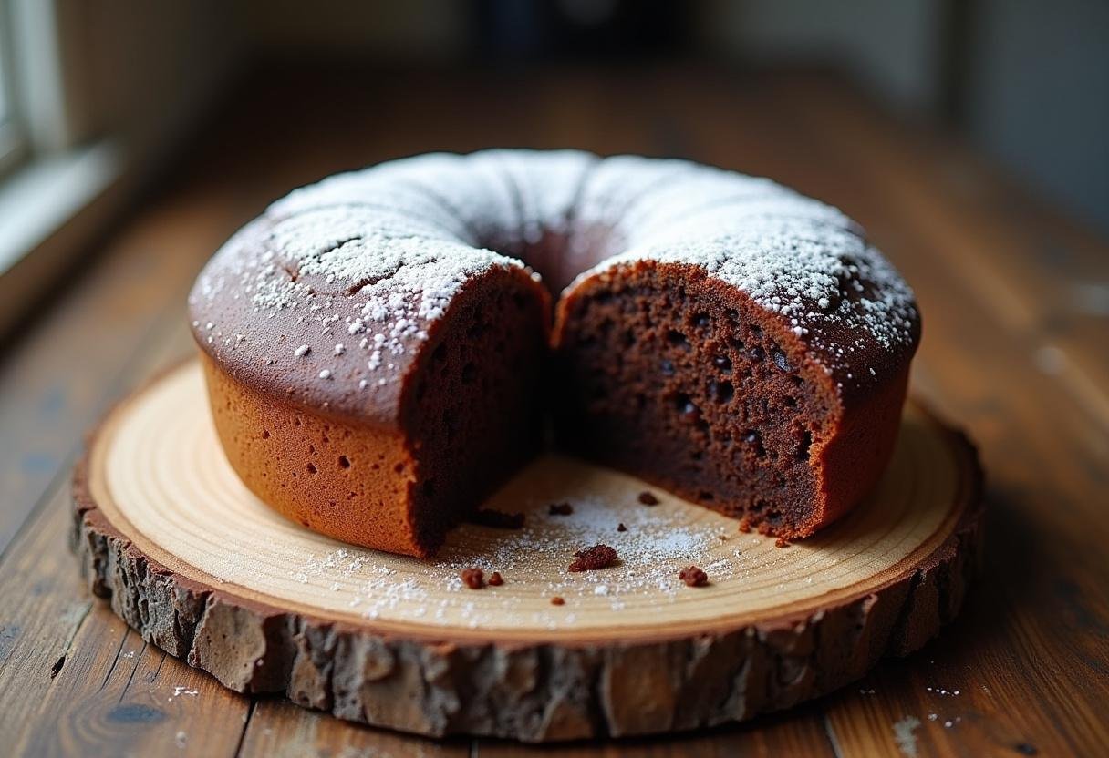 Delicious queque de chocolate served on a wooden table, showcasing its rich texture.