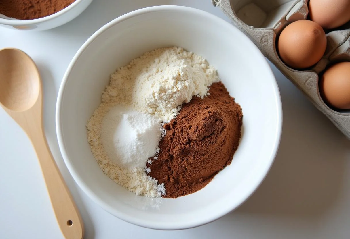 Ingredientes secos para o queque de chocolate a serem preparados numa tigela.