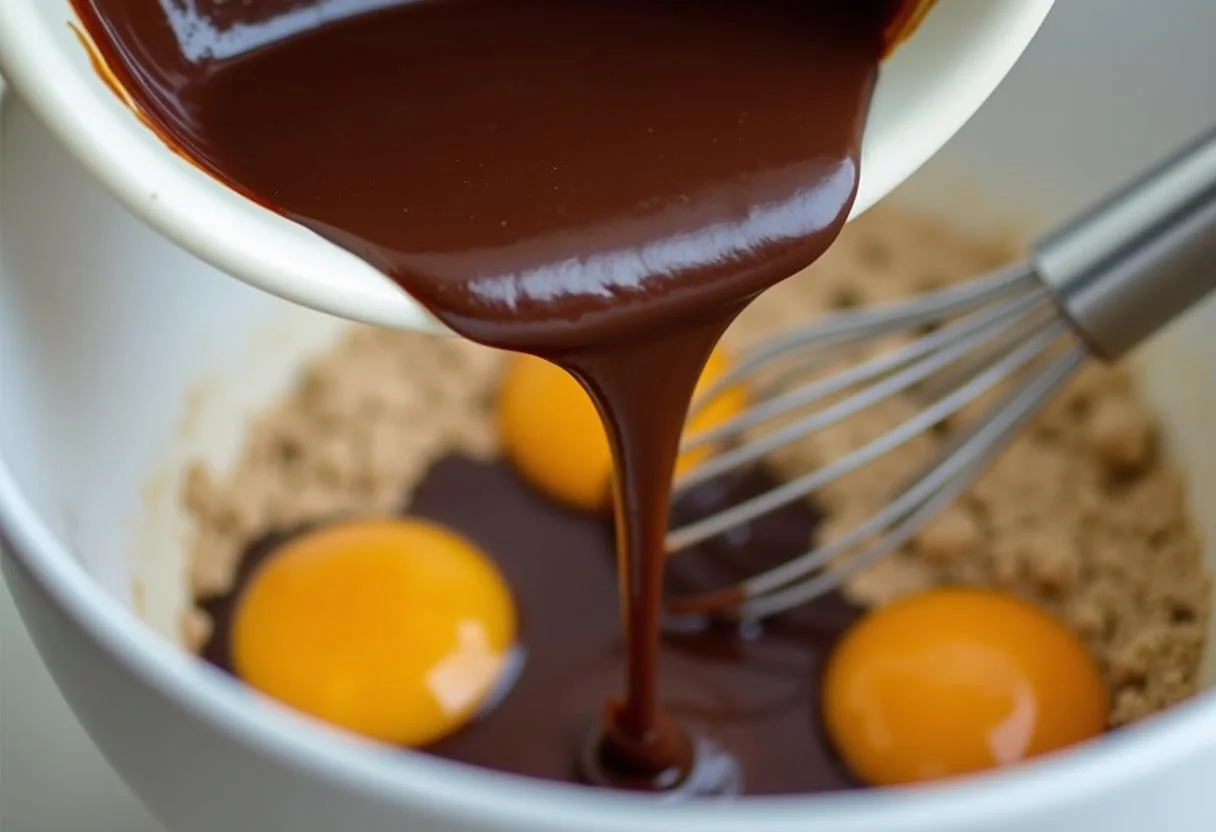Chocolate derretido a ser adicionado à mistura para o queque de chocolate.