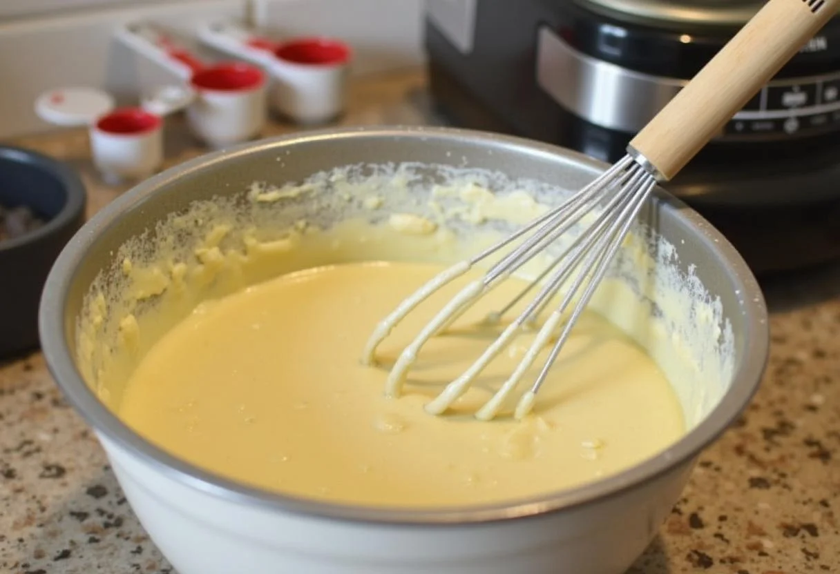 Misturando a massa para o queque de chocolate numa tigela.