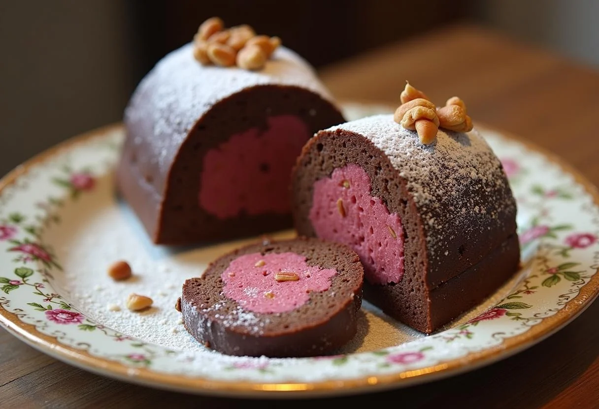 Salame de chocolate bimby fatiado e decorado, perfeito para servir em ocasiões especiais.